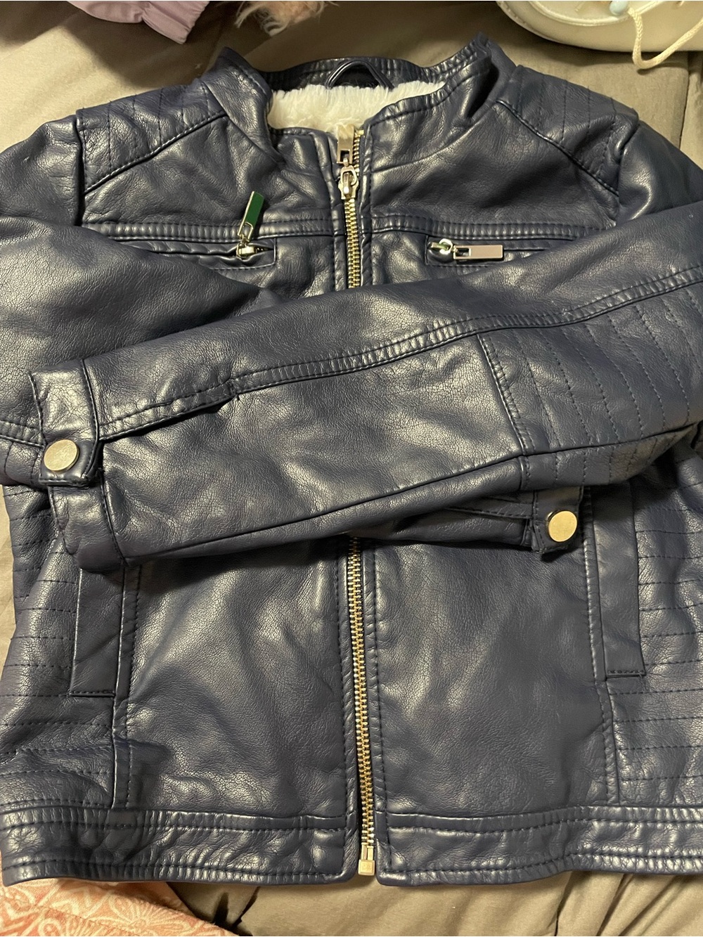 Me Jane Girls Faux Leather/Fur Lining Navy Biker Jacket Coat Size Kids Small 6